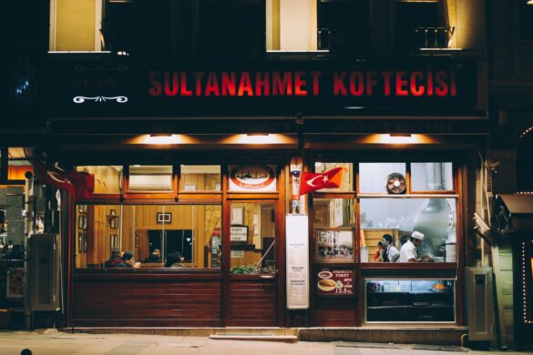 A restaurant in Istanbul operating in the evening.