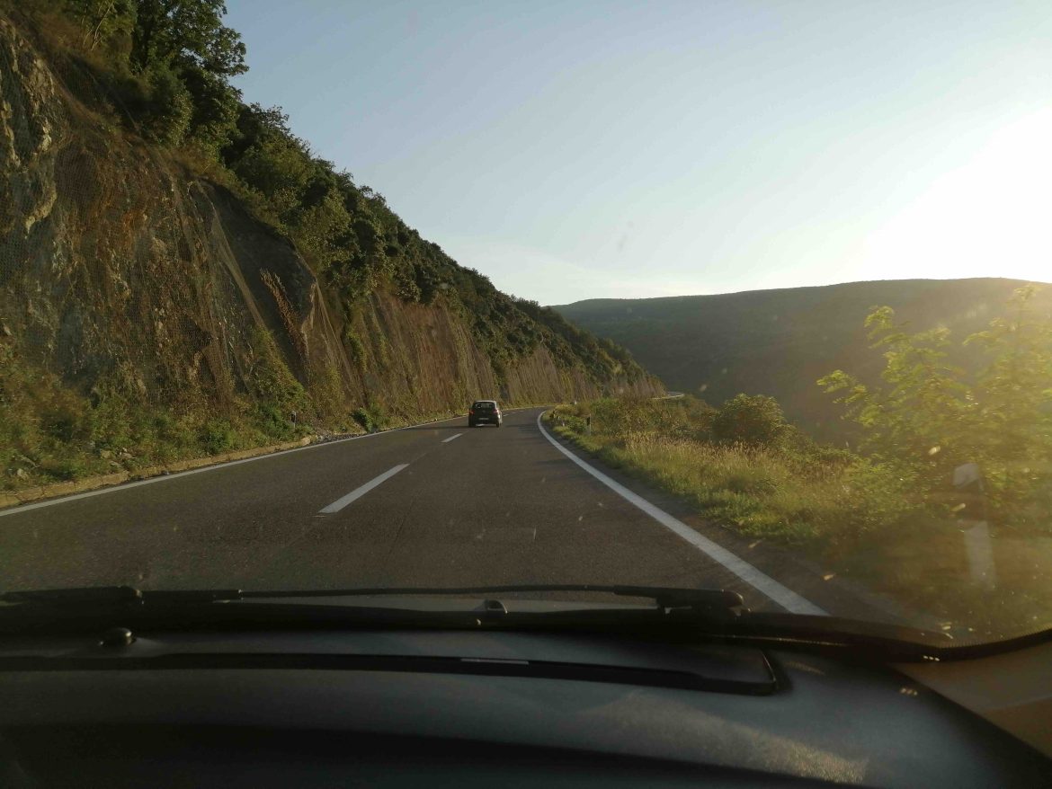 Scenic landscape while driving at sunset in Macedonia.